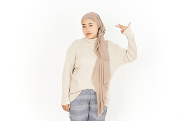 Gun Finger On head of Beautiful Asian Woman Wearing Hijab Isolated On White Background