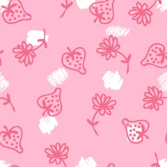 Fotobehang Doodle style strawberries and flowers seamless pattern. Perfect for scrapbooking, textile and prints. Hand drawn vector illustration for decor and design.  © Anna