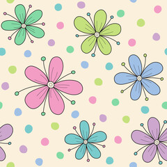 Cute pastel spring flowers seamless pattern with dot background.