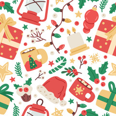 Fototapeta premium Christmas holiday elements seamless pattern. Winter holidays decorative gifts boxes, fir tree toys and hot drink cups vector background illustration. Xmas and New Year festive pattern