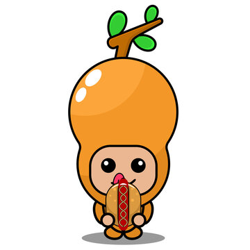 Cartoon Vector Illustration Of Cute Tamarind Spice Mascot Costume Character Eating Hot Dog