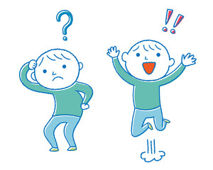 はてなが出ている男性とビックリマークが出ている男性のイラスト