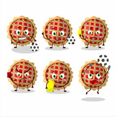 Apple pie cartoon character working as a Football referee