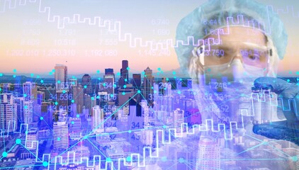 Doctor in face mask and analysis corona virus economic impact