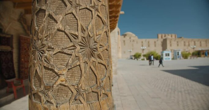 Bukhara, Uzbekistan carved wooden column at Toki Zargaron Trading Dome.