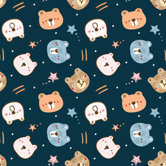 Seamless Pattern with Cute Bear Face and Star Design on Dark Blue Background