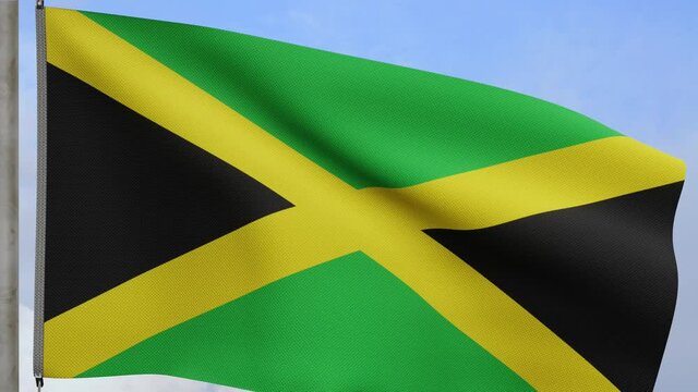 3D, Jamaican flag waving on wind with blue sky and clouds. Close up of Jamaica banner blowing, soft and smooth silk. Cloth fabric texture ensign background.