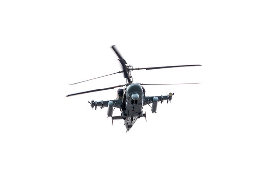 Moscow, Russia - May, 09, 2021: Ka-52 alligator reconnaissance and attack helicopter in the sky over Moscow during the parade dedicated to anniversary of Victory in the Great Patriotic War