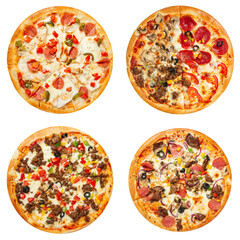 Set of different pizzas collage isolated on white background