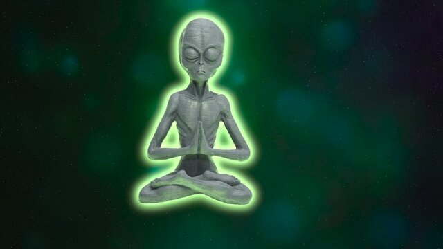 Futuristic animation of Alien doing Yoga Training in motion with colorful lighting universe background