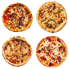 Set of different pizzas collage isolated on white background
