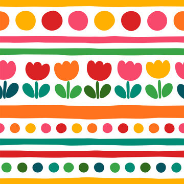 Hand drawn colorful cute flower, dot and line seamless vector pattern.