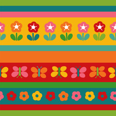 Cute flower and butterfly seamless vector pattern on colorful stripe background.