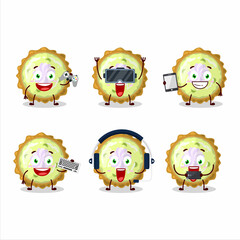 Key lime pie cartoon character are playing games with various cute emoticons