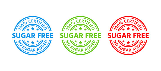 Obraz premium Sugar free round stamp. No sugar added icon, badge. Certified sticker. Diabetic label. Green red blue seal imprints isolated. Emblem for packaging on white background. Vector illustration