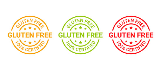 Gluten free round stamp. Allergic icon, badge. Certified sticker. Label for ingredients product. Green red yellow seal imprints isolated on white background. Emblem for packaging. Vector illustration