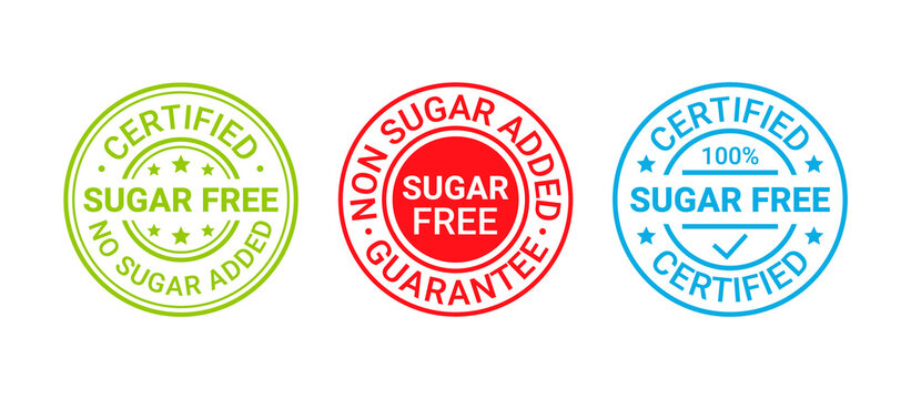 Sugar free rubber stamp icon. No sugar added label. Set of diabetic round badges. Certified sticker. Green red blue seal imprint isolated on white background. Emblem for packaging. Vector illustration