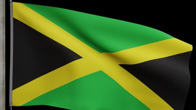 3D illustration Alpha of Jamaican flag waving on wind. Close up of Jamaica banner blowing, soft and smooth silk. Cloth fabric texture ensign background. National day and country occasions concept.
