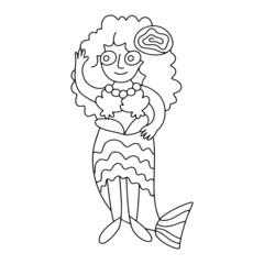 Mermaid girl coloring page vector illustration. Happy waving young woman in mermaid costume vector. Hand-drawn funny masquerade cartoon character vector