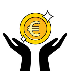 hand holding Euro gold coin. vector illustration