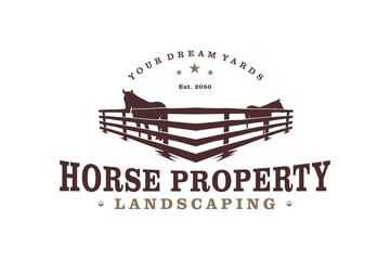Horse silhouette behind wooden fence paddock for vintage retro rustic countryside western country farm ranch logo design