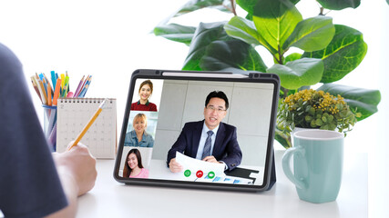 Virtual video conference, Work from home, Brainstorm planing teamwork, Asian business team making video call by web, Group of asia team online telecommunication meeting by digital tablet