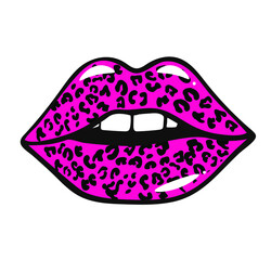 Leopard lips vector. pink leopard lips, fashion woman print. Sexy mouth, kiss. Wild girl vector illustration.   Art drawing.