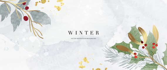 Winter background vector. Hand painted watercolor and gold brush texture, Flower and botanical leaves hand drawing. Abstract art design for wallpaper, wall arts, cover, wedding and invite card. - obrazy, fototapety, plakaty