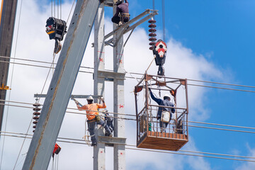 Electricians are climbing on electric poles to install and repair power lines.
