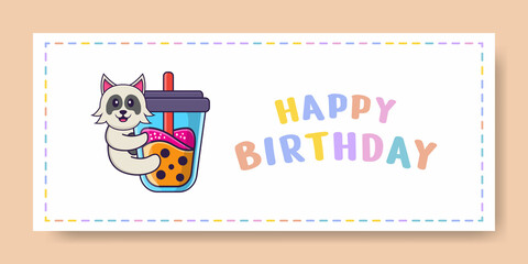 Happy Birthday banner with Cute dog cartoon character. Vector Illustration