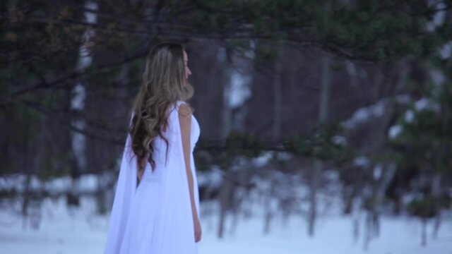 girl in a white dress. angel. forest nymph in light clothes. Young woman snow queen. Fashion model, beautiful face. Elven cloak, princess in winter forest, trees in hoarfrost, snow.