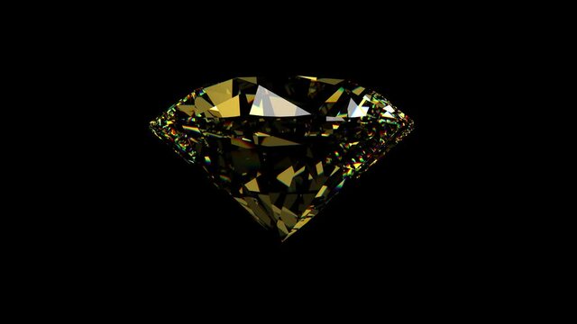 Beautiful large yellow sapphire clear shining round cut diamond, isolated background. Close up side view. Seamless loop 4k cg 3D animation
