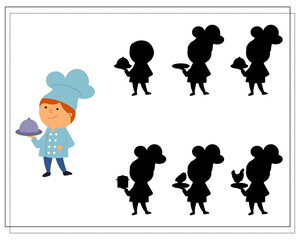 A logical game for kids find the right shadow, cook in the kitchen. vector isolated on a white background