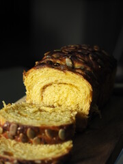 Natural yellow colored pumpkin bread loaf texture