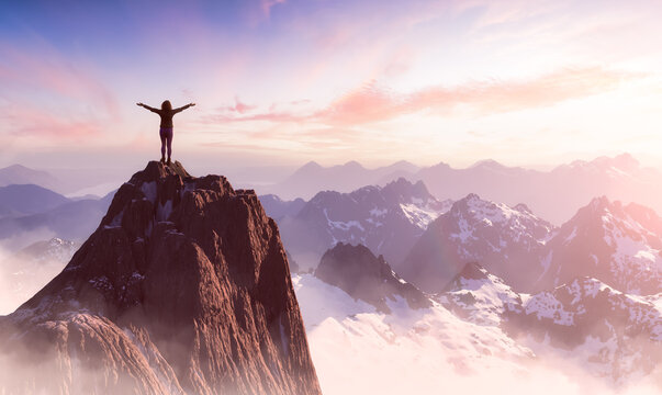 Adventure Composite. Adventurous Woman hiking on top of a mountain. 3d rendering Rocky Peak. Colorful Sunset or Sunrise Sky. Aerial Background Landscape Image from British Columbia, Canada.