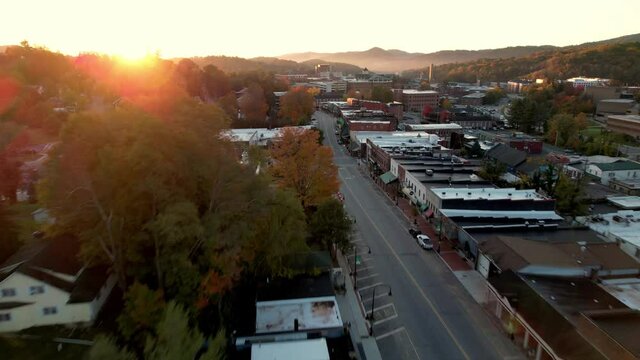 aerial fast push into king street, boone nc, north carolina in fall