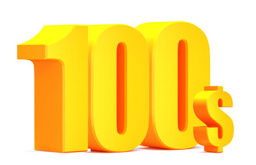 Gold 100 dollar .$ 100 word on white background. 3d illustration