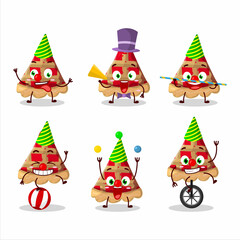 Cartoon character of slice of apple pie with various circus shows