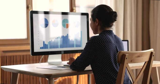 Rear back view of confident indian female remote employee manage business project study paper reports analyze stats data infographic on computer screen. Skilled young woman engaged in online paperwork