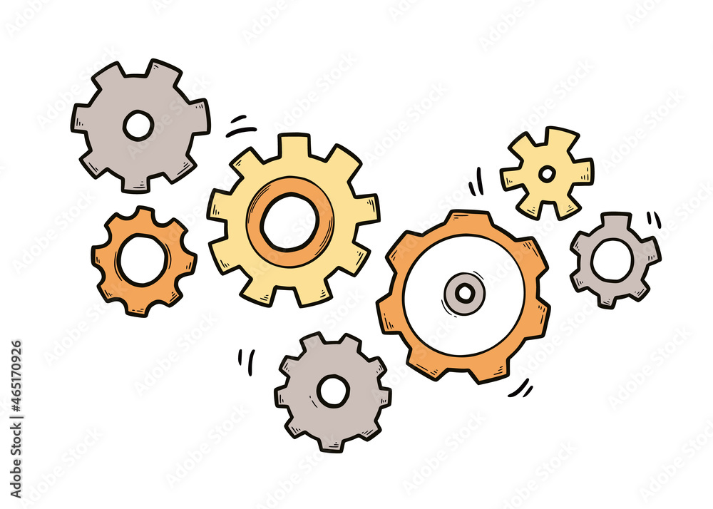 Poster hand drawn gear set. doodle sketch style color gear mechanism. concept of business idea, teamwork, p