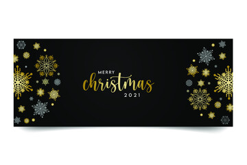 Merry Christmas banner with golden color snowflakes and star and text 