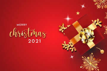 Obraz na płótnie Canvas Merry Christmas background with golden color text and template and read color backfeound