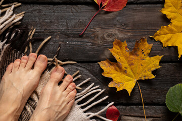 female legs in autumn yellow leaves on a brown plaid on a wooden floor, feet on a wooden floor, home comfort and relaxation, legs autumn