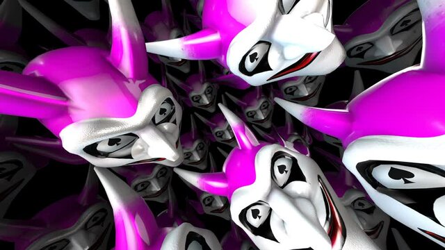 Seamless animation of joker masks.Spherical rendering of Halloween monsters. 