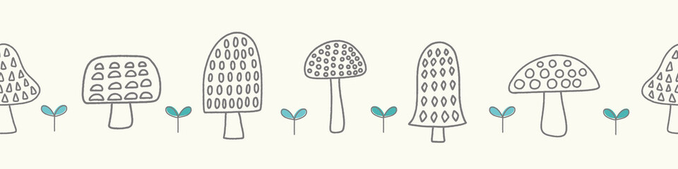 Mushroom background border pattern. Cute nature seamless banner design of hand drawn fungi and leaves, vector illustration. © Anna Beatty