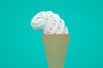 3D ice cream object with a whipped curly end in a cone with pink sprinkles. White ice cream in a waffle cone on a turquoise isolated background. 3D graphics, close-up