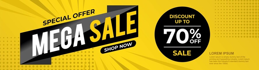 Sale banner design with discount up to 70% off. Flash sale vector template.