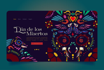 Dia de los Muertos banner with fancy pattern of skull with flowers, heart and birds. Vector landing page of Day of Dead in Mexico with cartoon illustration of traditional mexican ethnic print