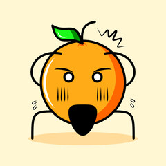 cute orange character with leaf, shocked expression, two hands on head and bulging eyes. cartoon, emoticon, modern, fresh, outline and mascot logotype. suitable for logo, icon and sign