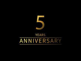 5 years anniversary golden number on black background for celebration event. Vector illustration design.